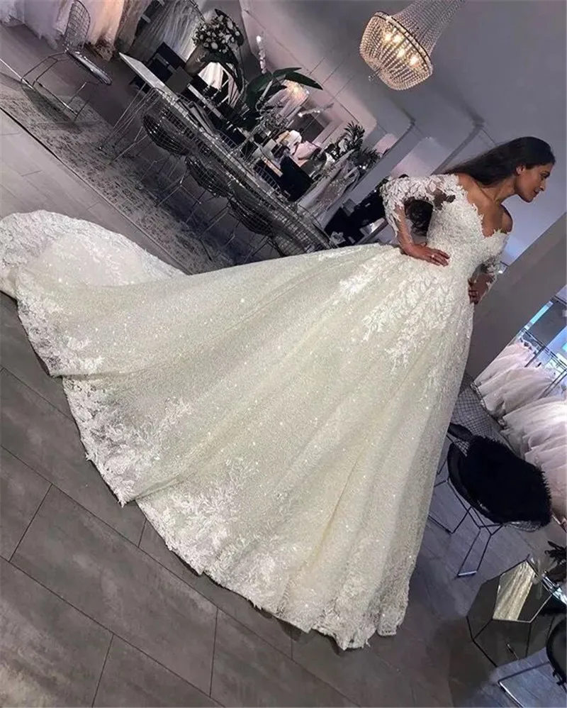 Puffy Ball Gown Long Sleeve Sequins Tulle Lace Beaded Crystal Luxury Wedding Dresses Bridal Wedding Gown Custom Size LS39K