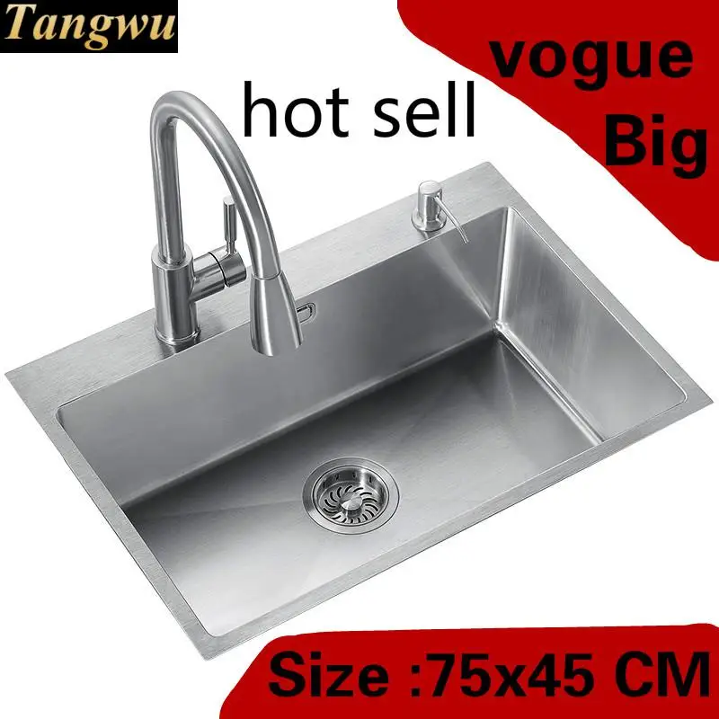 

Free shipping Apartment kitchen manual sink single trough do the dishes 304 stainless steel big vogue hot sell 750x450 MM