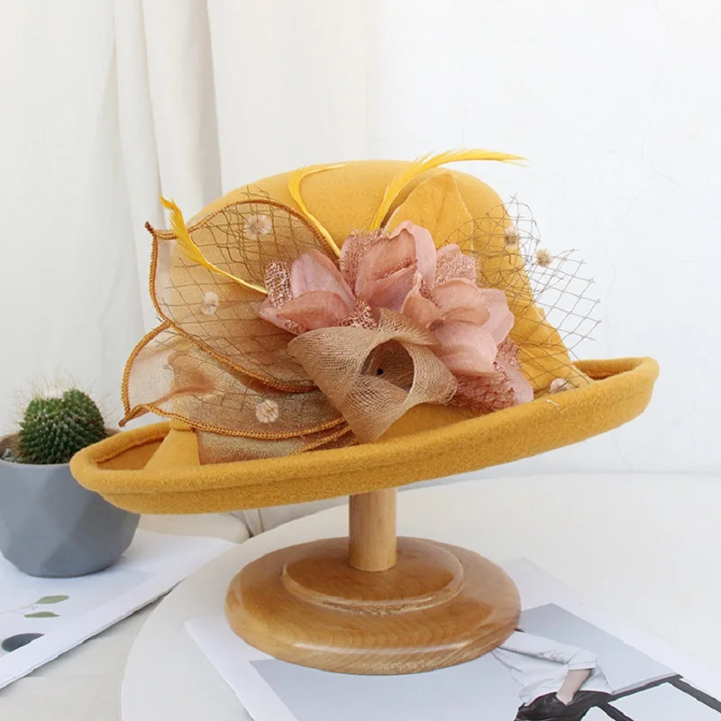 2021 frauen Warme Wolle Filz Blumen Hut Damen Breiter Krempe Hut Herbst Winter Edle Elegante Mädchen Mode Party Kappe Dekoration – Detail 14