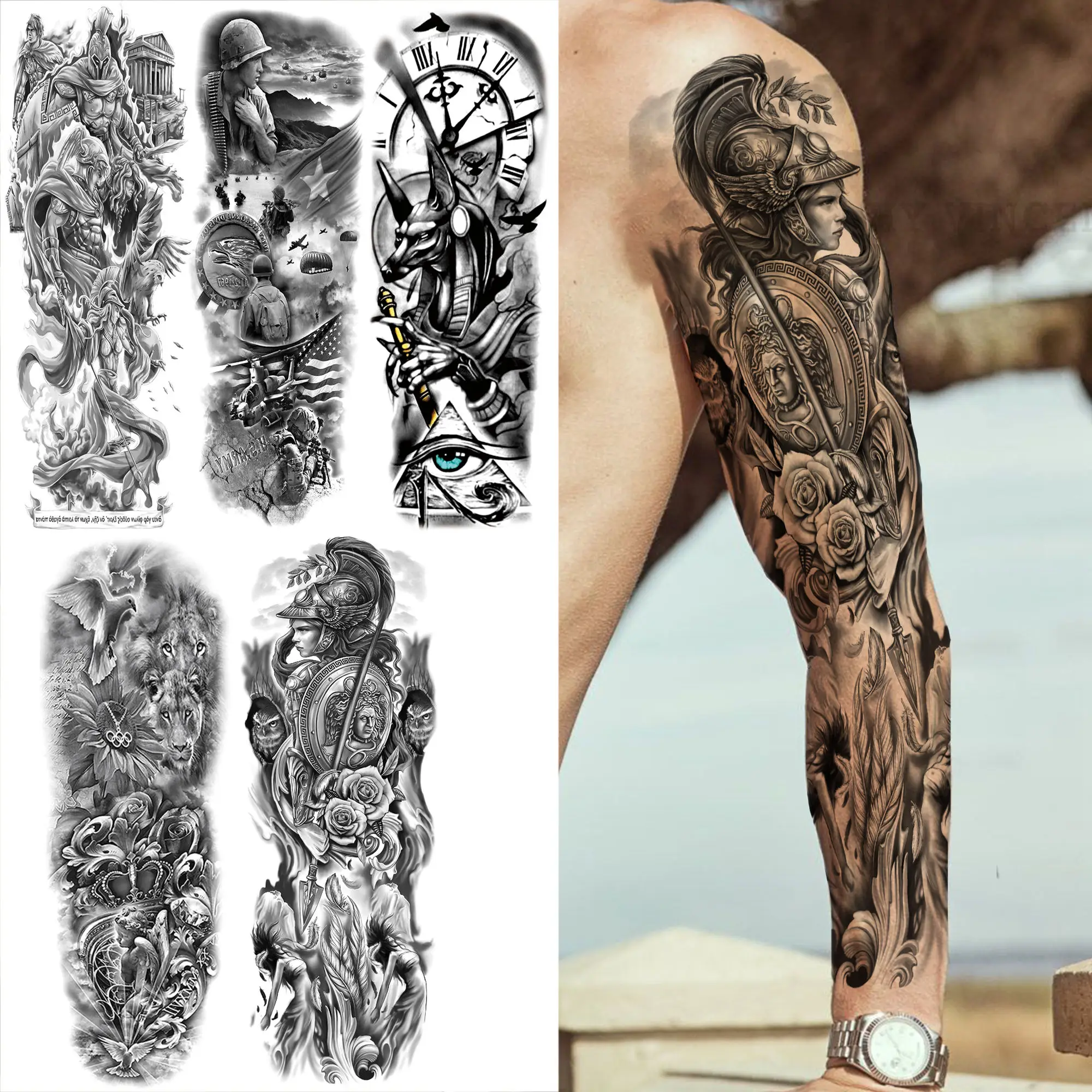 Samurai Shield Rose Temporary Tattoos Sleeve For Men Adult Fake Compass Wolf Dove Soldier Tattoo Sticker Washable Full Arm Tatoo