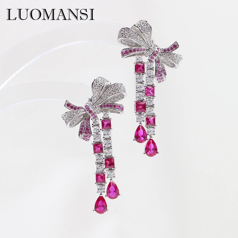 Luomansi Creative Ruby High Carbon Diamond Bow Tassel Earrings 100%-S925 Sterling Silver Fine Jewelry Party Anniversary Gift