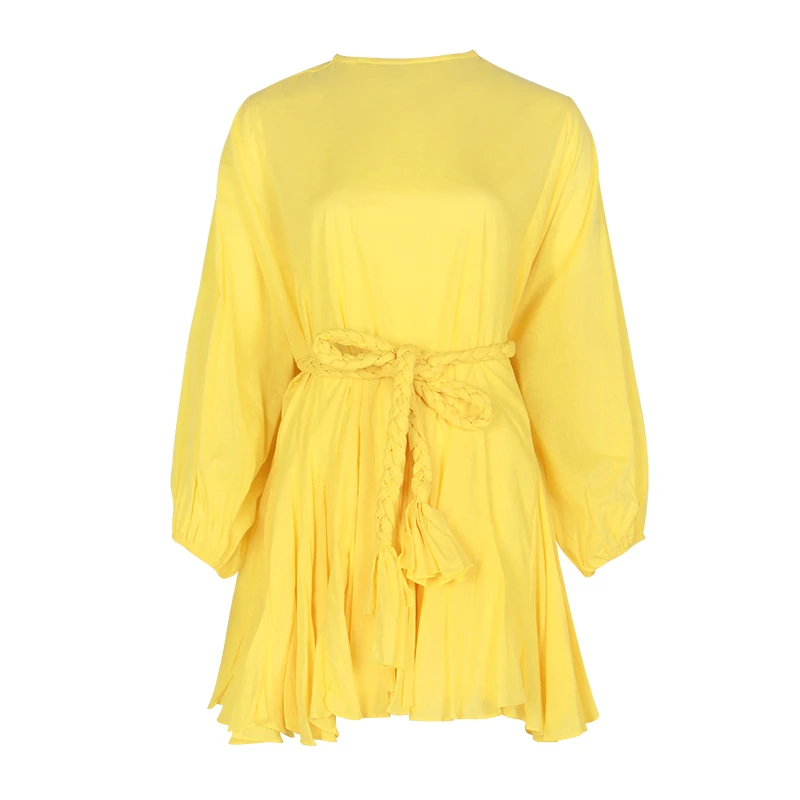 TWOTWINSTYLE Hit Color Print Dresses Women Long Sleeve O Neck High Waist Lace Up Female Dress Spring Casual Fashion 2022