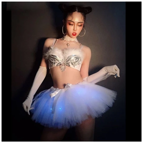 Sexy Bar Nightclub DJ Singer Stage Wear LED Luminous Tutu Skirt Bra Dance Costume Party Show Performance Clothes