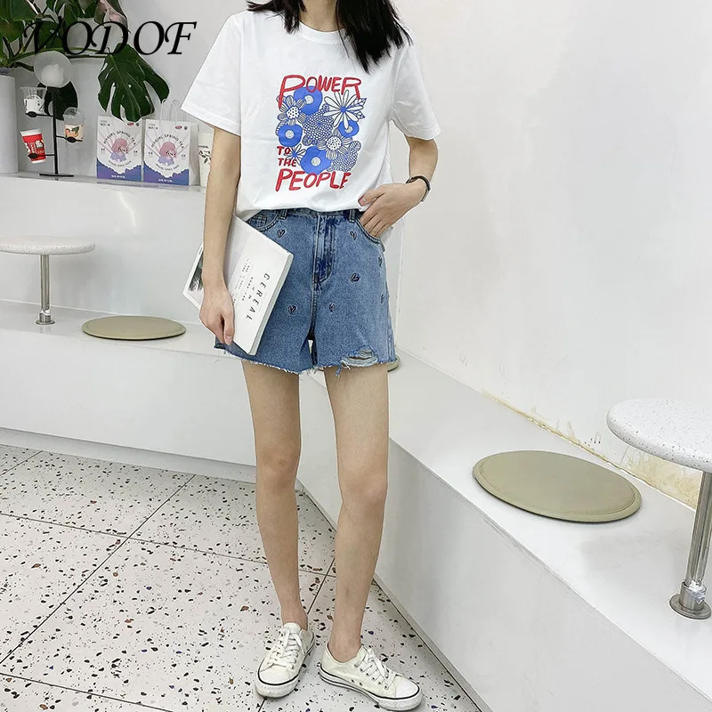 

VODOF Floral Print Loose 100% Cotton T-shirt Ladies Short Sleeve Basic Clothing Shirt 2021 Women Spring Summer Ladies T-shirt