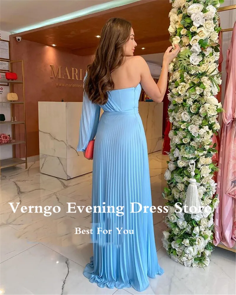 Verngo abito da sera in Chiffon drappeggiato azzurro cielo chiaro One Puffy maniche lunghe fessura arancione abiti da ballo semplici Plus Size abito formale