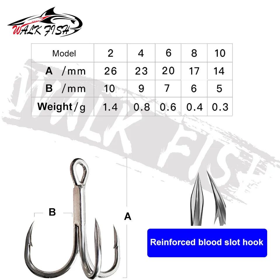 WALK FISH Fishing Hook 10pcs High Carbon Treble Hooks Super Sharp solid size 2#-10# Triple Barbed Steel Fishing bass lure hook