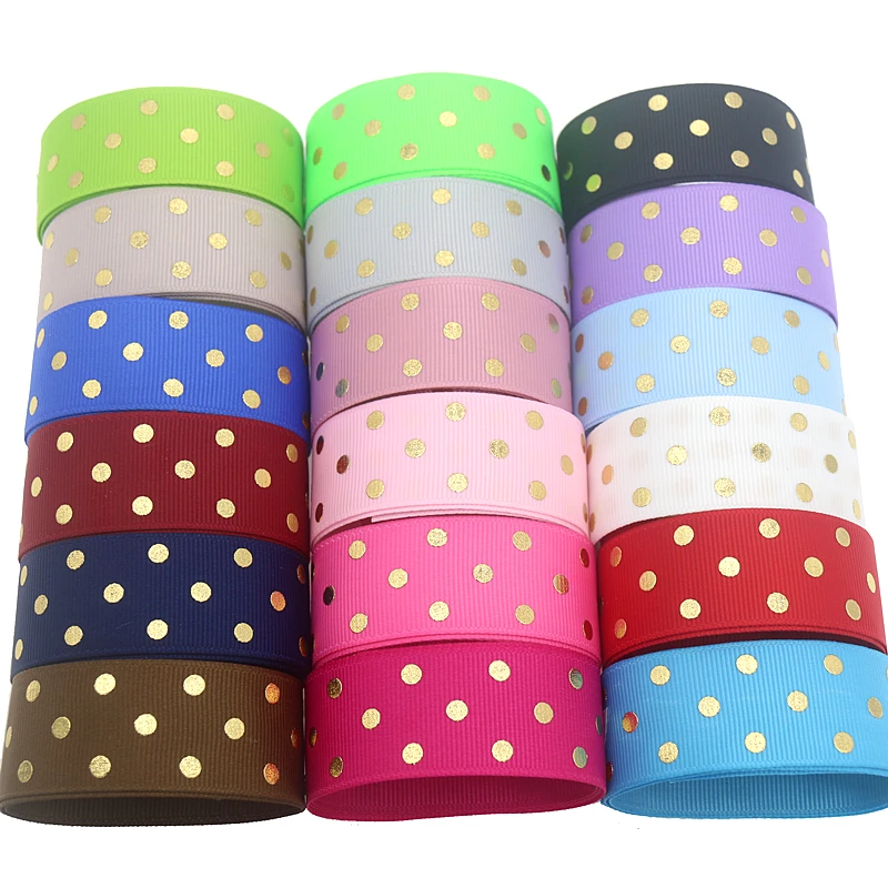 DHK 1yard/lot  Foil Gold Polka Dots Printed Grosgrain Ribbon Headwear Decoration DIY Wholesale OEM E1818