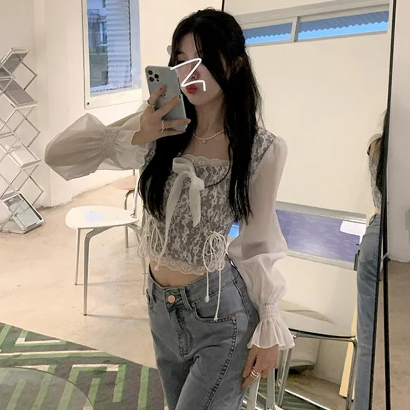 Blouses Women Lace Slim Sweet Students Kawaii Casual Square Collar Tops Fashion Ulzzang New Flare Sleeve Bow Print College Chic