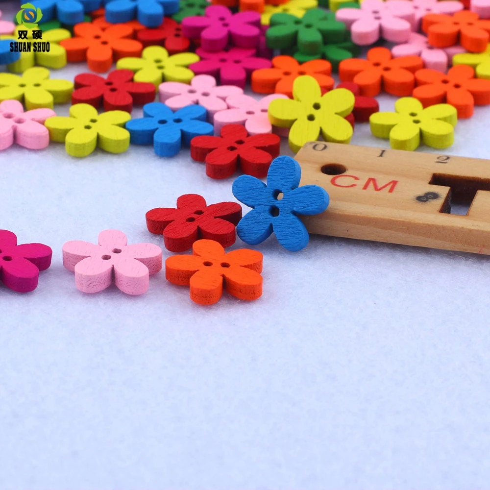 ShuanShuo 15mm Candy Color Flower Wooden Button Diy Sewing Jewelry Accessories Button 100pcs/Bag