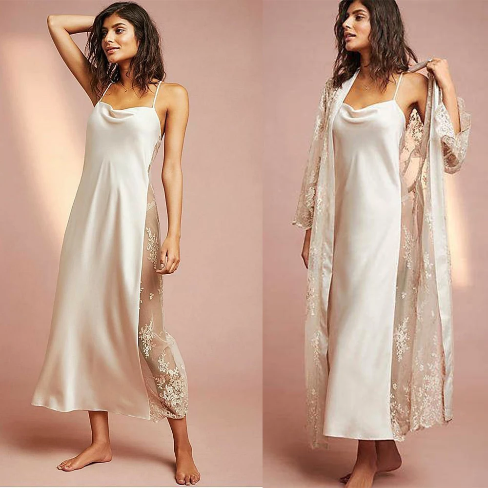 Women Ladies Sexy Night Dress Long Sleeve Two-piece Nightgown Nightdress Race Silk Sleepwear Nightwear For Bridal Boudoir Dress