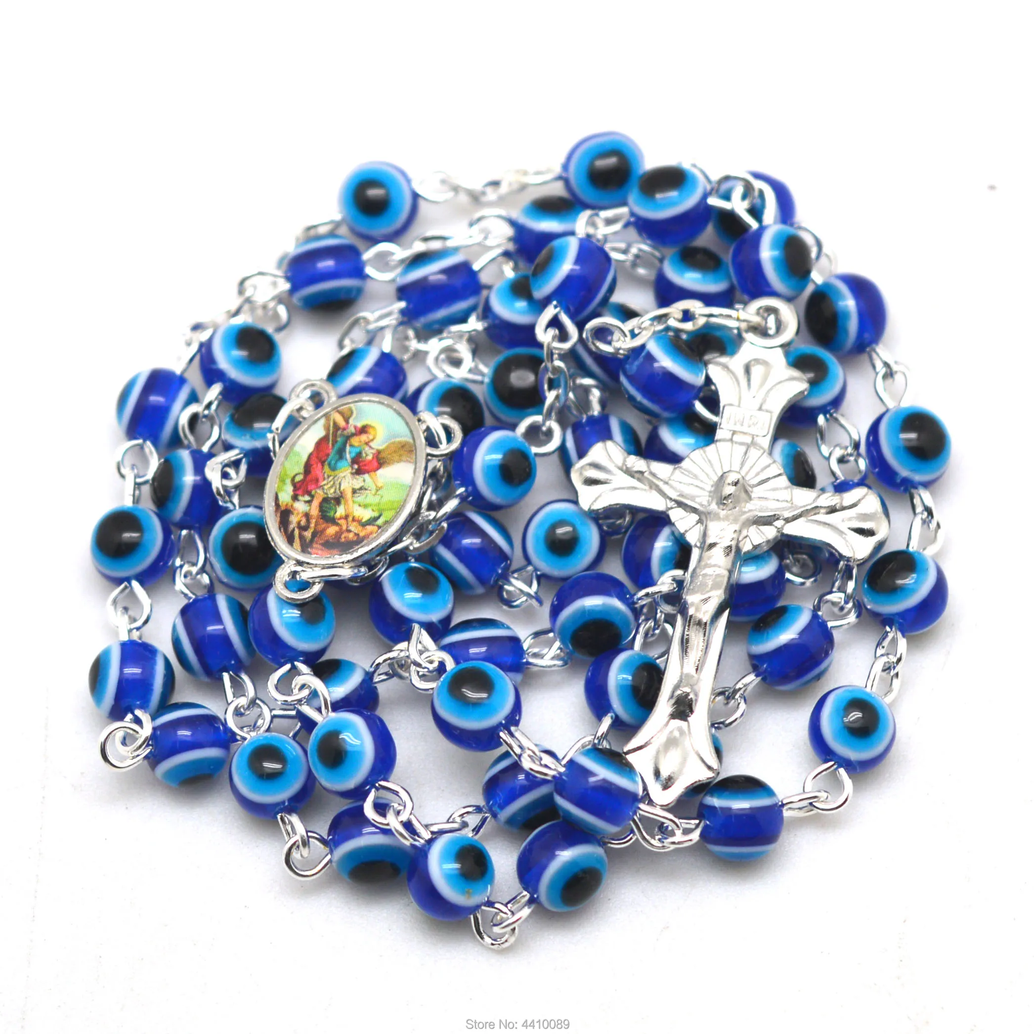 St Michael Rosary Chain Necklace Round Resin Beads Religious Fashion Rosary Necklace