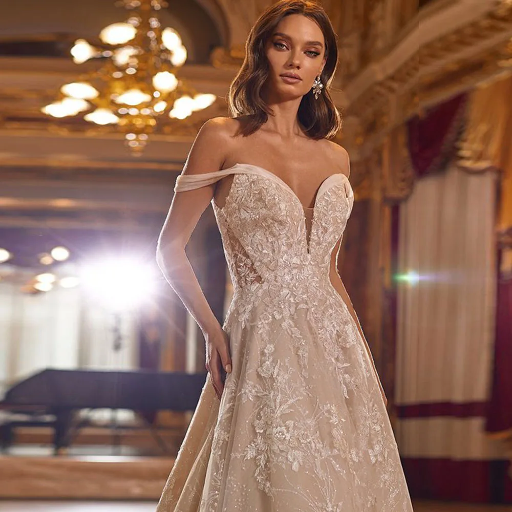 Áo Dây De Mariage Chữ A Áo Cưới Lấp Lánh Trouwjurk Lệch Vai Sang Trọng Hochzeitskleid Gợi Cảm Brautkleid Áo Dài Cô Dâu