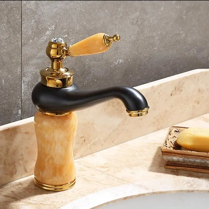 Vidric Hot and Cold Gold and Black Bathroom Basin Faucet Single Hole Deck Mounted Mixer Tap Natural Jade Plating Jade Basin Sink