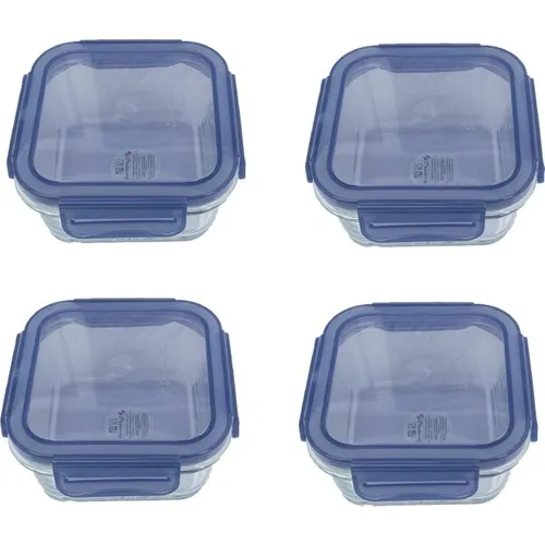 Pasabahce Locked Glass Storage Container Leak-Proof 4 Pcs Square Blue