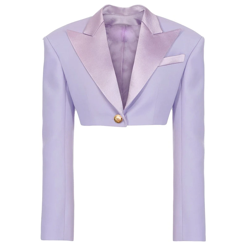 HIGH STREET Newest 2024 Designer Blazer Women\'s Satin Collar Single Button Crop Blazer Jacket