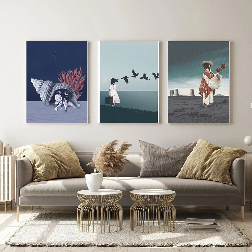 Girl Hair with Bird Balloon Sky Wall Art Abstract Posters and Prints Surrealism Style Print Pictures Bedroom Decoration for Home