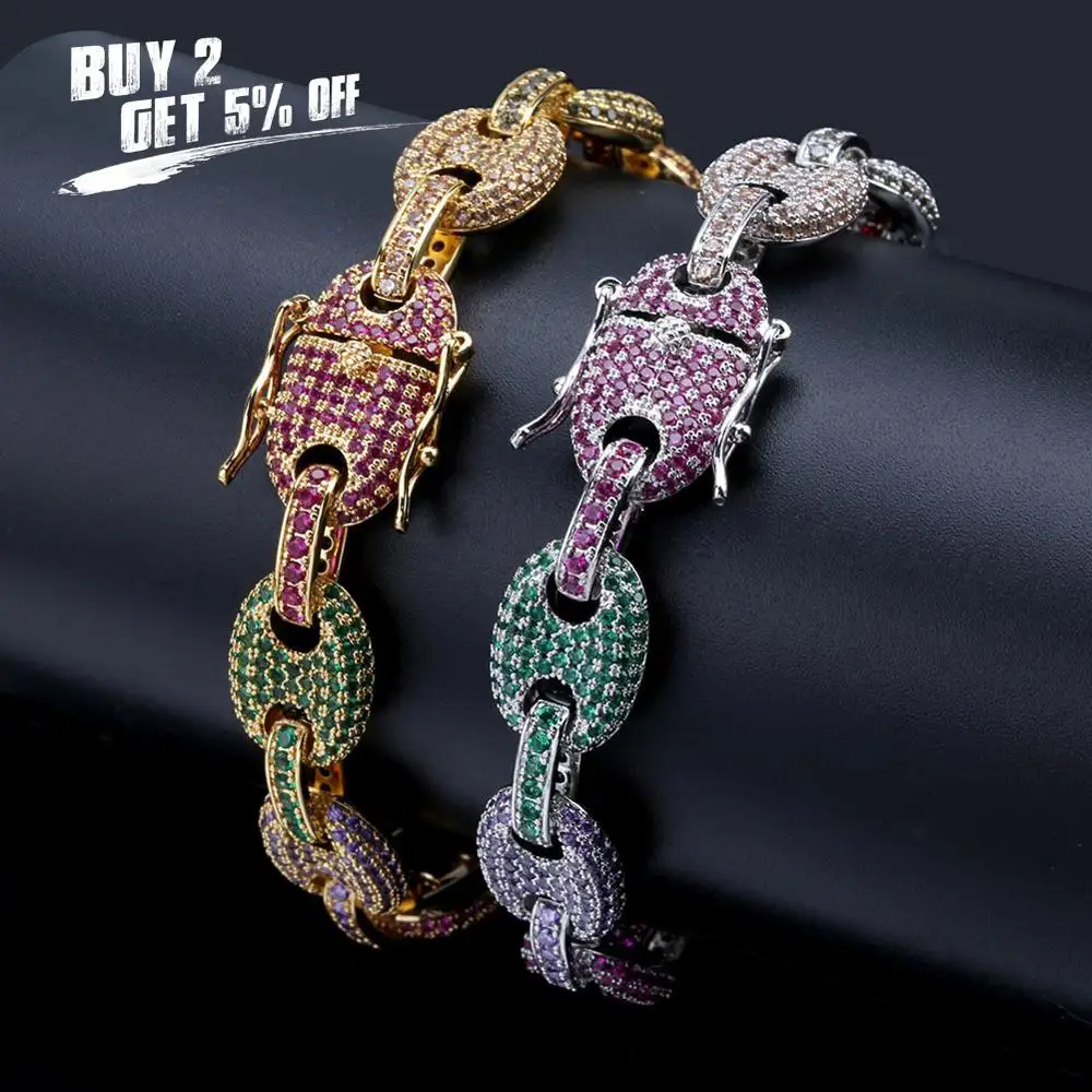 Iced Out Zircon Colored Chain Bracelet Men's Hip hop Jewelry Copper Material Jewelry Clasp Personality CZ Bracelet Link 7/8 inch