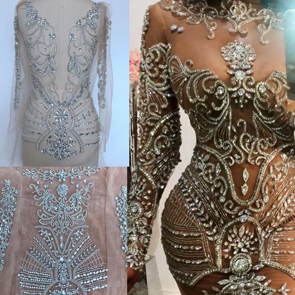 

handmade silver/golden rhinestones applique on nude mesh bodice patches full body for dress accessory