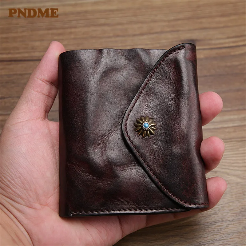 PNDME fashion vintage genuine leather men's women's mini wallet designer luxury real cowhide multifunctional casual coin purse