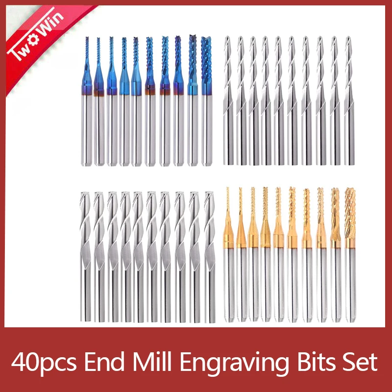 

40pcs End Mill Engraving Bits Set 1/8" Shank Nano Blue Coat CNC Router Bits Cutting Milling Tool 3.175mm Engraving Cutter