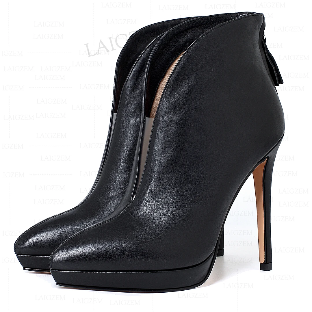 LAIGZEM Women Ankle Boots Genuine Leather V Cut Thin High Heels Booties Back Zip Dress Prom Ladies Shoes Woman Size 33 39 41