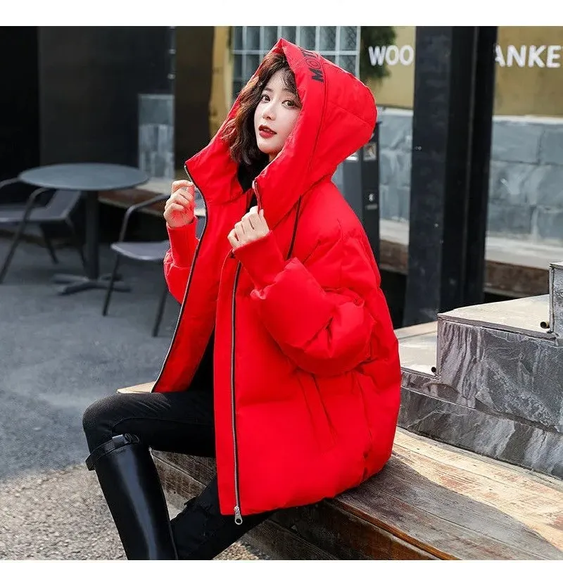 

Korean Style Nice Winter Jacket Parkas Women Stand Collar Solid Black White Female Hood Coat Loose Oversized Womens Short Parka