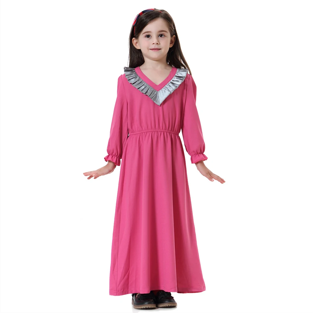 Muslim Southeast Asian Girl V-Neck Maxi Dress Cute Muslim Children Abaya Kids Long Dresses Girl Dress Robe Islamic Clothing