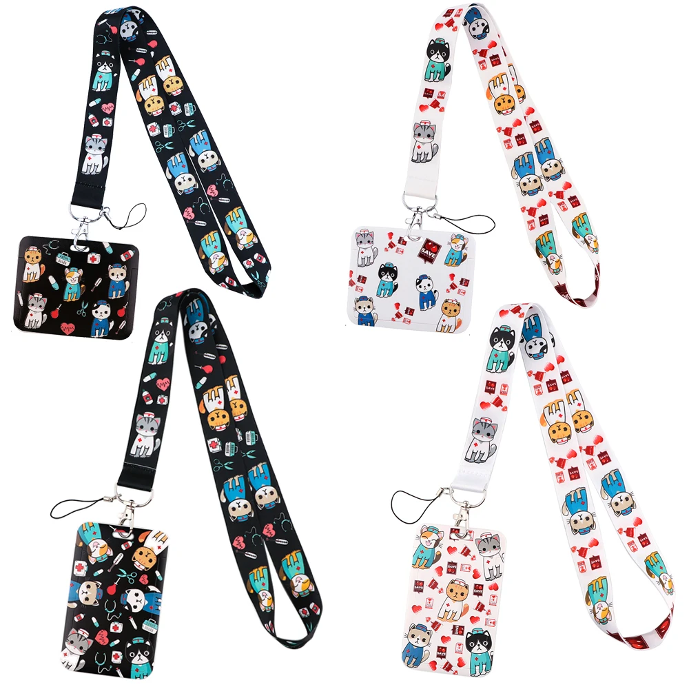 LX945 Cats Dogs Animals Doctor Nurse Lanyard Cartoons Phone Rope Credit ID Card Holder Keychain Hang Straps Charm Badge Holder