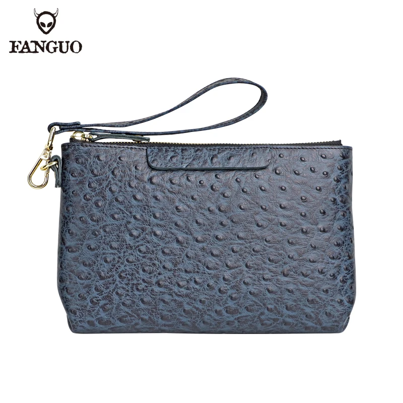 Genuine Leather Men\'s Handbag Retro Ostrich Pattern Clutch Business Clutch Men Mobile Phone Bags Long Zip-up wallets