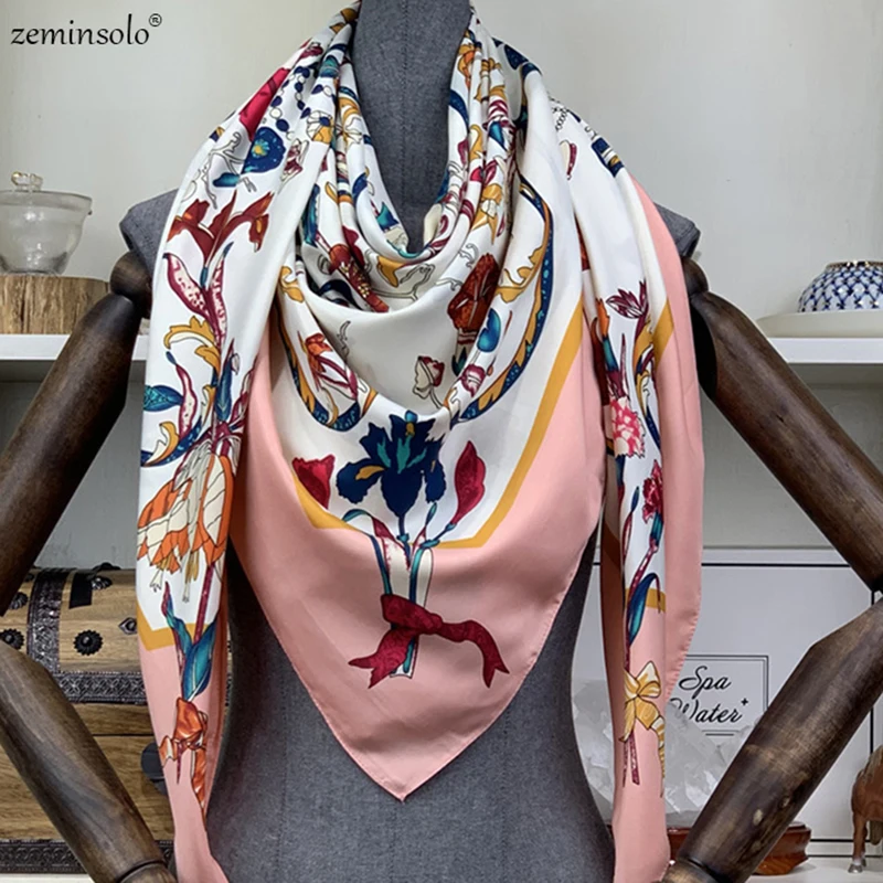 Bufanda cuadrada de sarga 130 para mujer, pañuelo de seda con estampado Floral, marca de lujo, 130 x 100% cm