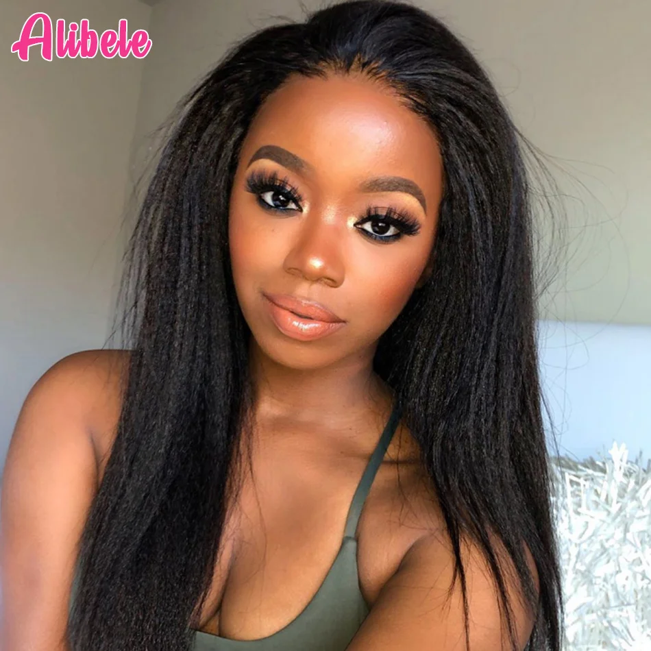 Alibele 13X4 Lace Front Wig Kinky Straight Human Hair Wigs Corse Yaki Straight 13x4 Pre Plucked Human Hair Wig 150% Density