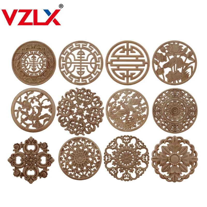 VZLX Round Wood Carving Woodcarving Wood Decal Carving Lines Wood Applique Rose Rubber Home Decoration Accessories Cabinet Hot