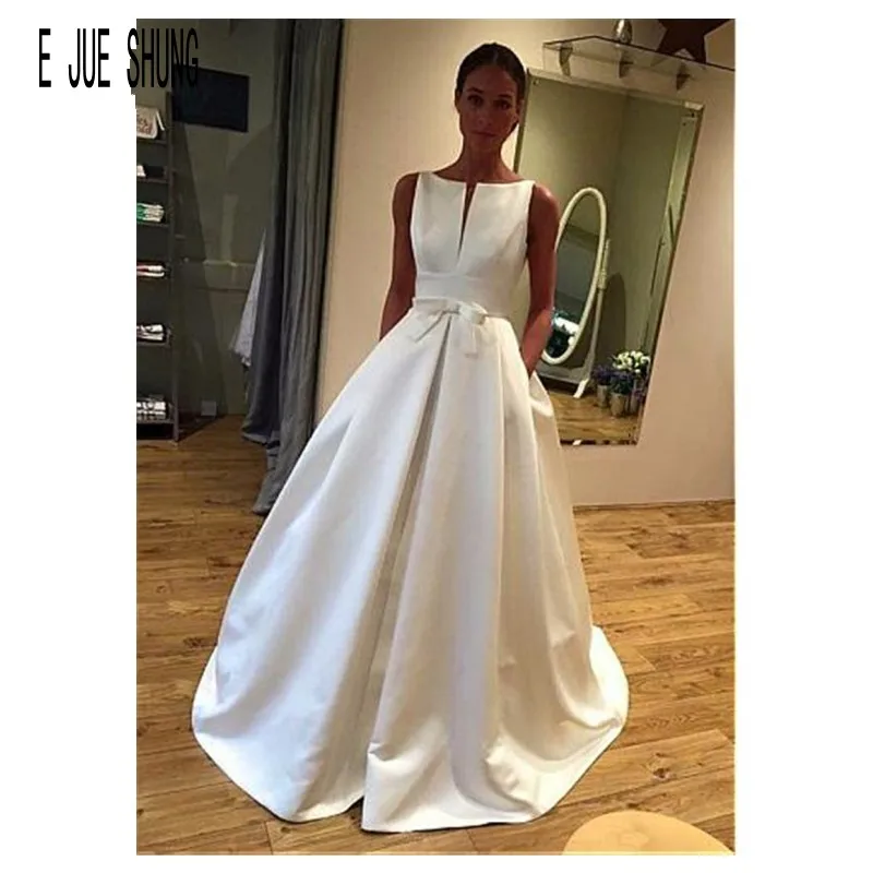 

E JUE SHUNG Elegant Satin White Wedding Dresses Jewel Neck Sleeveless Bow Sash Zipper Back Robe de mariée Church Bridal Dress