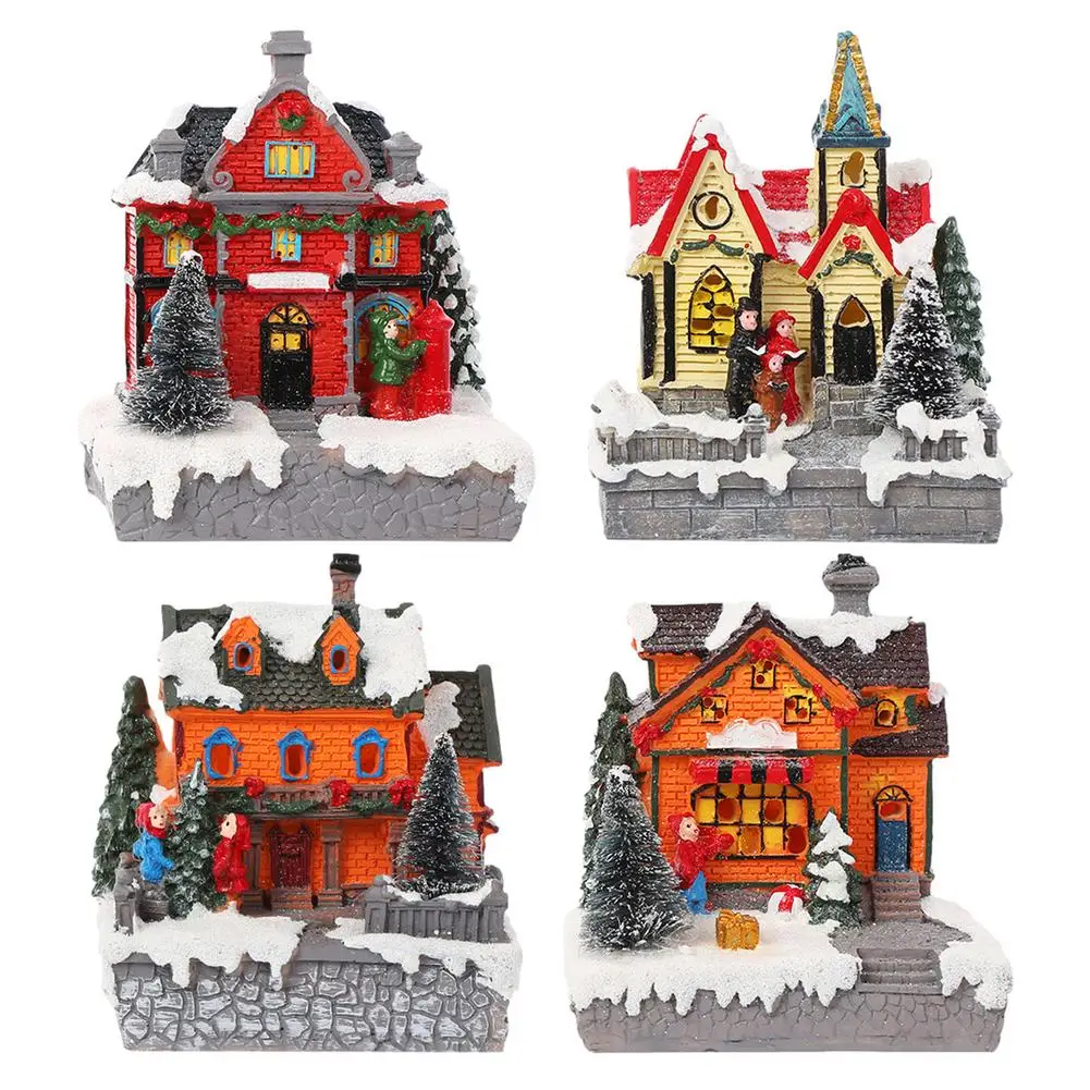 Glowing Christmas Snow House Christmas Village Building Resin Ornament Statue Figurine 2023 New Year Xmas Natal Navidad Noel