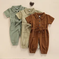 Toddler Kids Clothes Girl Short Sleeve Romper Single Breasted Sashes Pocket Rompers Jumpsuits Overalls 1-5Y