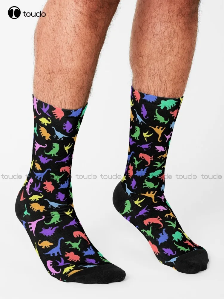 Fun Dinosaur Pattern (Black Background) Socks Red Socks Women Personalized Custom Unisex Adult Teen Youth Socks Fashion New