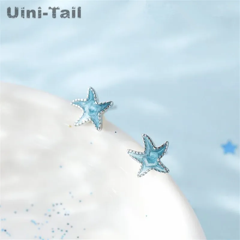 Uini-Tail new listing 925 Tibetan silver cute blue starfish earrings personality fashion tide sense allergy accessories ED500