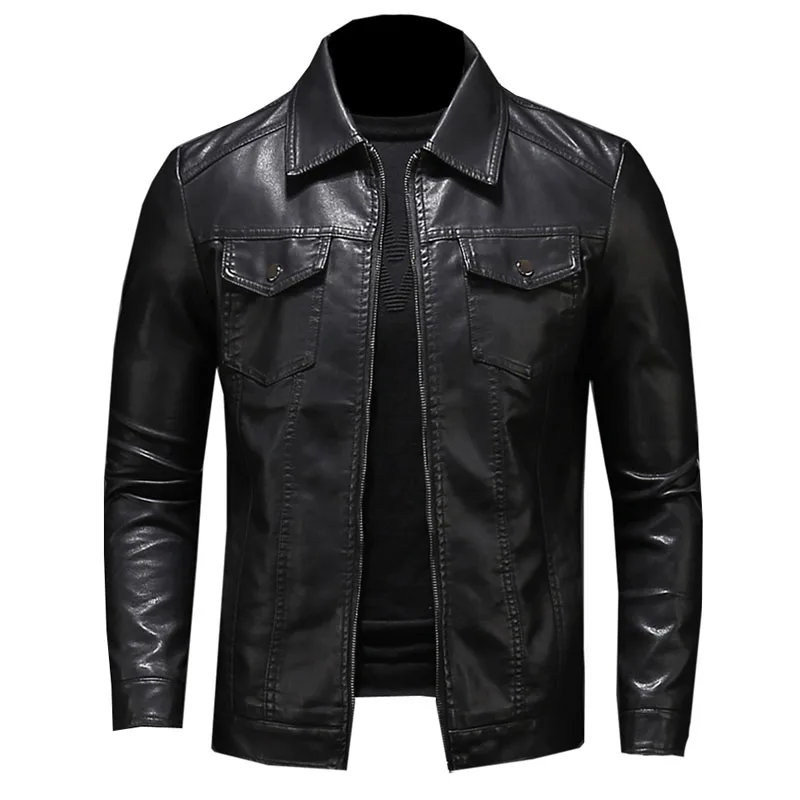 Men\'s Motorcycle Leather Jacket Large Size Pocket Black Zipper Lapel Slim Fit Male Spring and Autumn High Quality Pu Coat M-5Xl