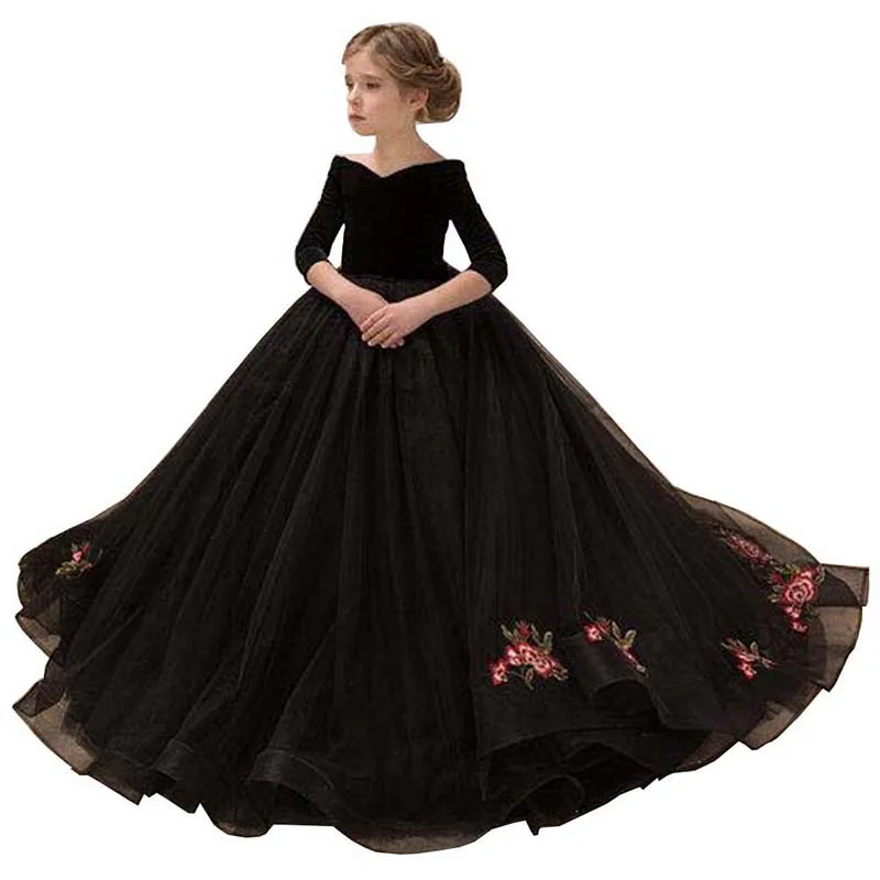 2024 New Kids Dresses Girl Elegant Long Prom Black Embroidery Tulle Gowns Children 8 Grade Graduation Dresses