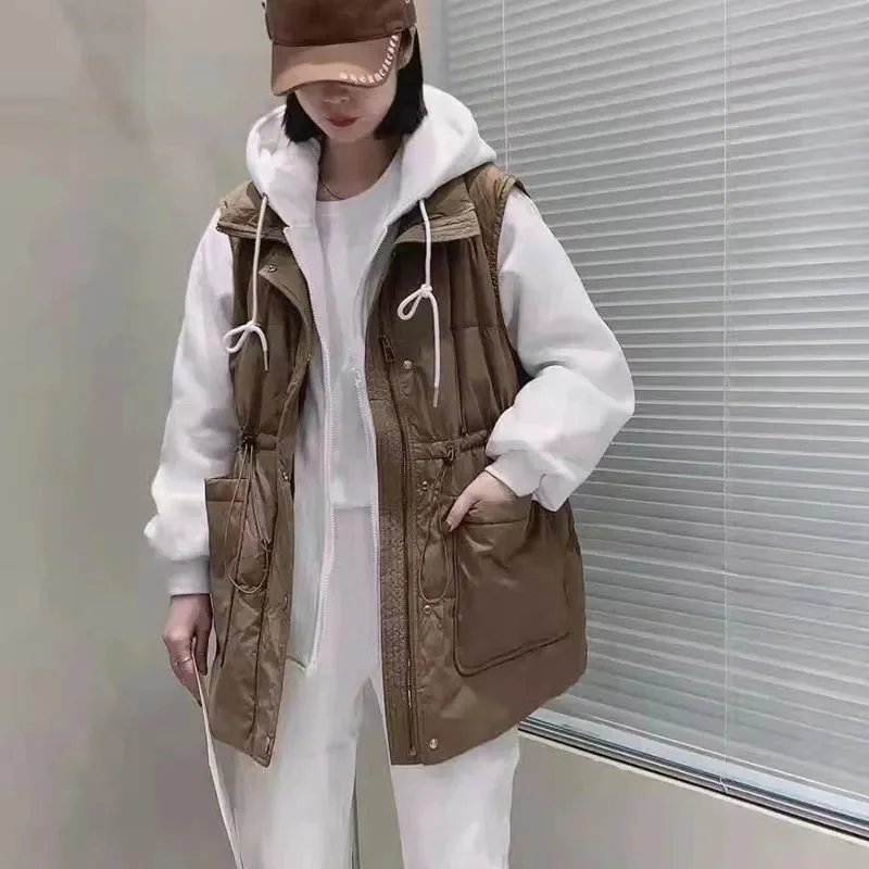 Down Cotton Jacket Fashion Casual Fake Two-Piece Coat Women 2023 Autumn And Winter New Splicing Sweater Hooded Waist Vest M188