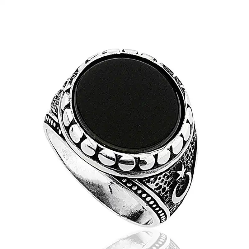 Silver Black Stone Men's Ring - 925 Sterling Men's Jewelry Wedding Birthday Gift - Box - Men - Fashion - Botiva - Size - Turkish - Patterned Embroidery