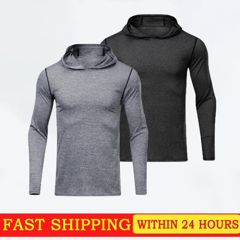 

New sports clothes long sleeve T-shirt men's basketball training running hooded quick dry casual stretch fitness clothes