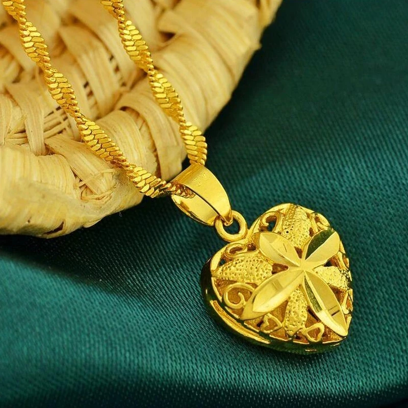 Authentic Love Heart Shaped 24k Gold Color Pendant Necklace Lady Elegant Gold Jewelry Necklace Necklace Necklace Birthday Gift