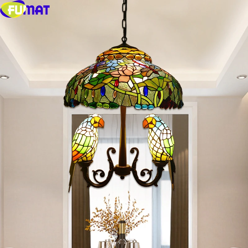 

FUMAT Tiffany Style Pendant Lamp Rose Lotus Parrot Bird Jade Stained Glass Colorful Drawing Painting Chandeliers Hanging Light