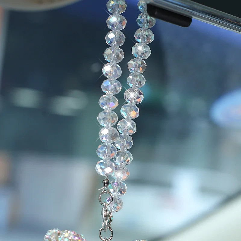 Creative Diamond Bowknot Car Pendant Cute Crystal Tassels Chain Rearview Mirror Ornament Pearl Rhinestone Car Accessories Women