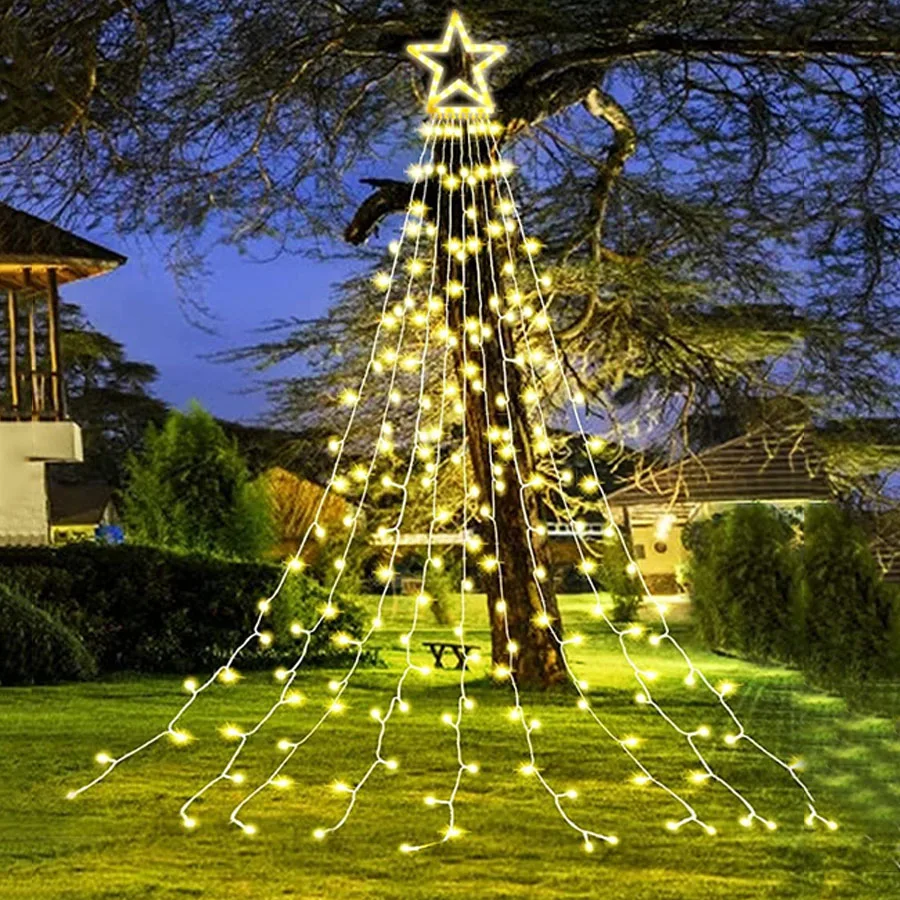 9x3.5M Solar Christmas Tree Star String Light Outdoor 350LED Christmas Waterfall Fairy Light For Garden Patio Xmas Decor