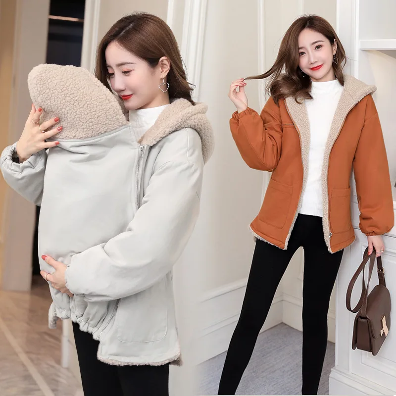 

New Baby Carrier Jacket Kangaroo Maternity Hoodies Women Outerwear Warm Wool Liner Autumn Coat For Pregnant Womens Size M-3XL