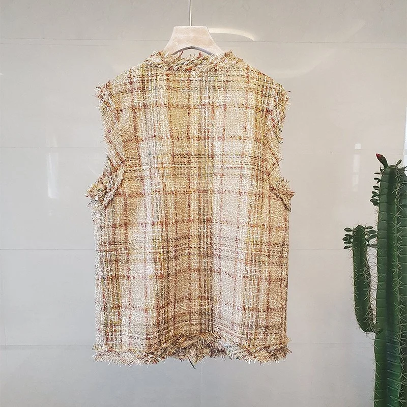 

Women New Single Breasted Sleeveless Tweed Jacket Vest Pockets Casual Female Tops Streetwear Ladies Plaid Vintage Waistcoat Vest