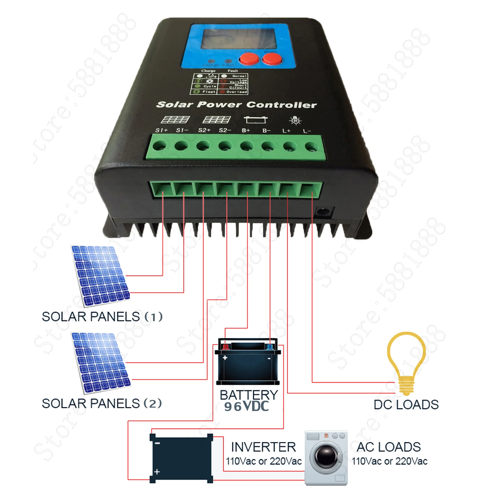 40a 50a 96v mppt controlador de carga solar, uso doméstico 96v bateria regulador 50a para 4800w pv painéis solares módulos, led & display lcd