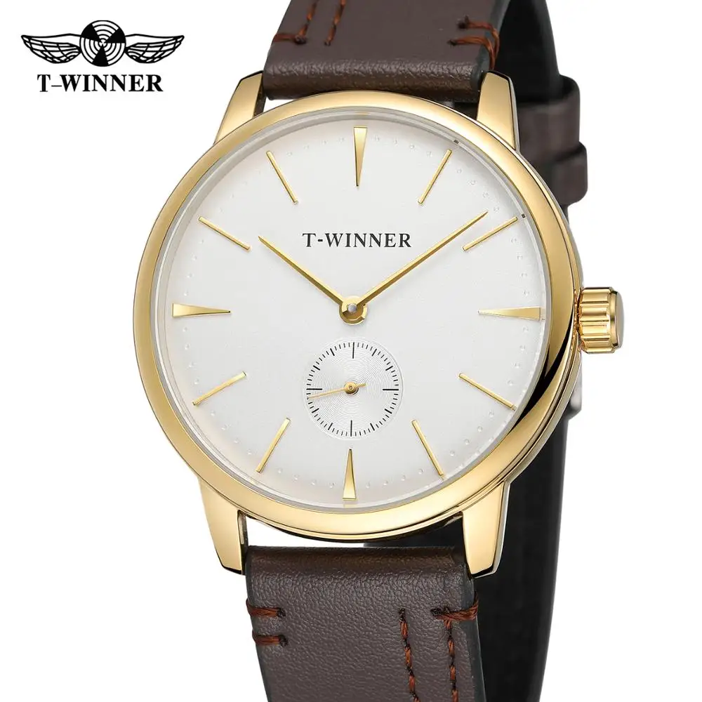 T-WINNER Fashion simple casual men\'s and women\'s wrist watch white dial gold case dark brown leather strap mechanical watch